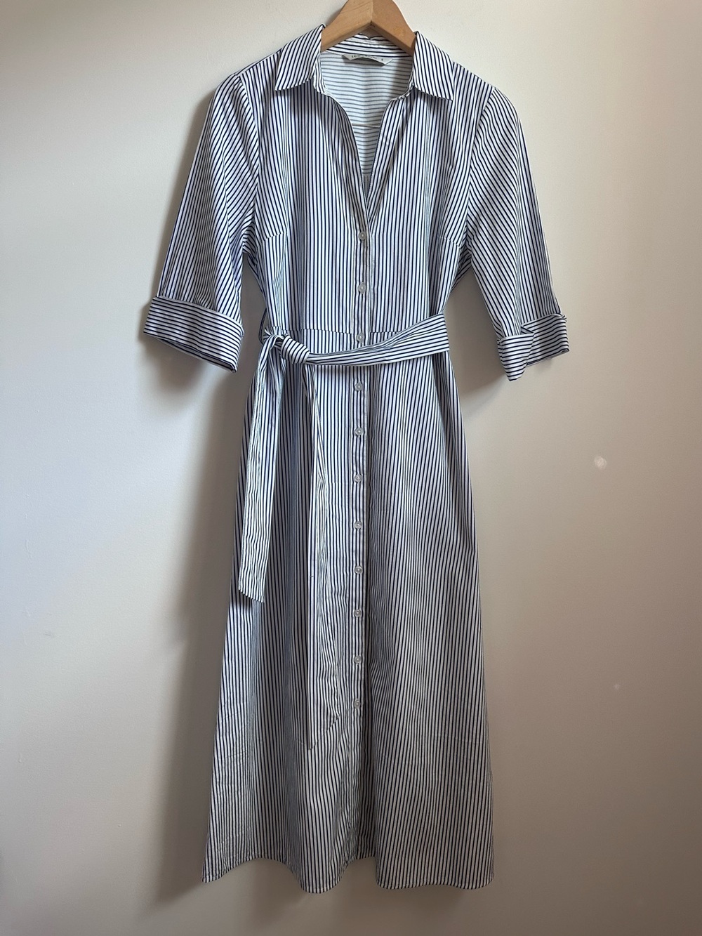 LC Waikiki Blue White Stripe Shirt Dress Belted Cotton Midi Button Front Small - Picture 2 of 11